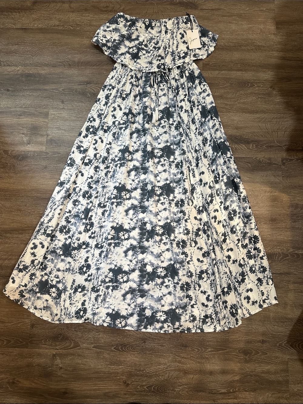 Japna Blue and White Tie-Dye Off-Shoulder Maxi Dress with front slit